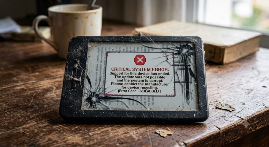 Old Kindle e-reader showing a critical system error after Amazon ended support